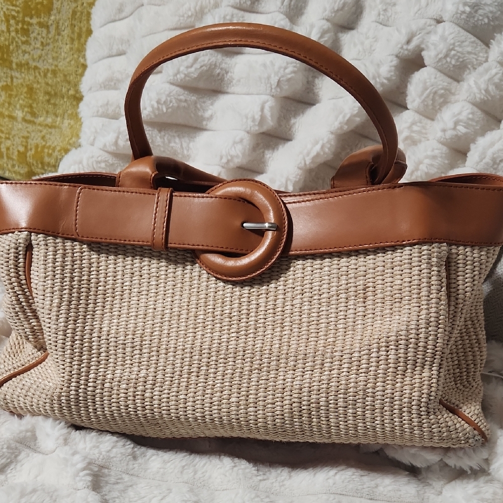 Furla Beige Woven Tote with Tan Leather Trim and Circular Buckle Accent